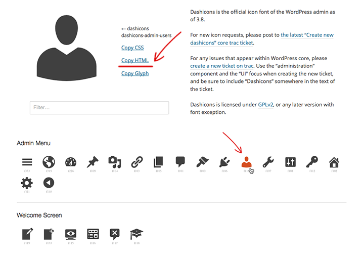 dashicons wordpress